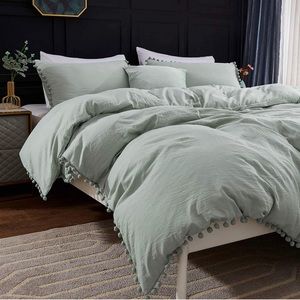 New Twin size Pom Pom Fringe duvet cover set sage green washed microfiber